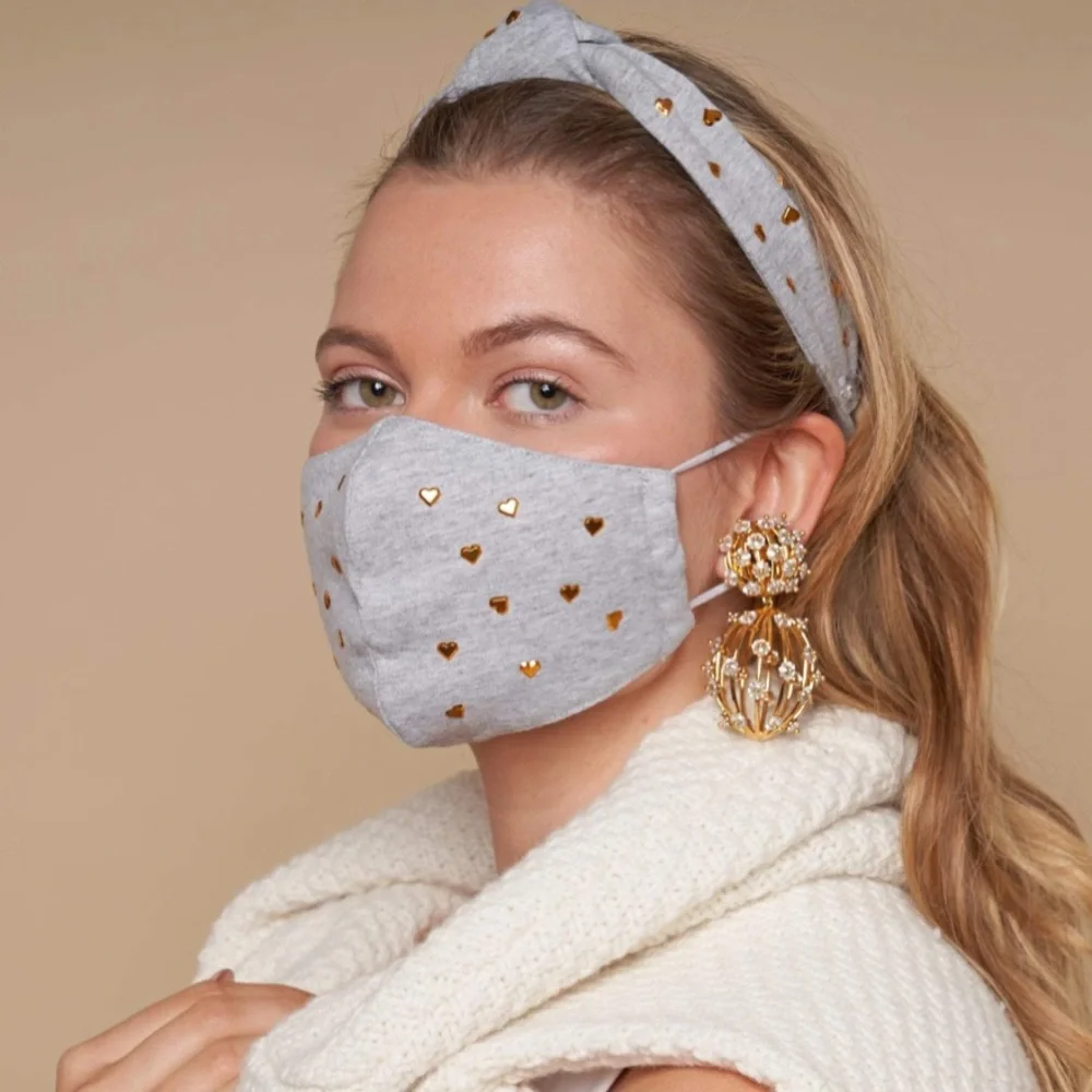 LELE SADOUGHI NWT AUTHENTIC GREY WITH GOLD HEART CHARMS FACE MASK & HEAD MASK